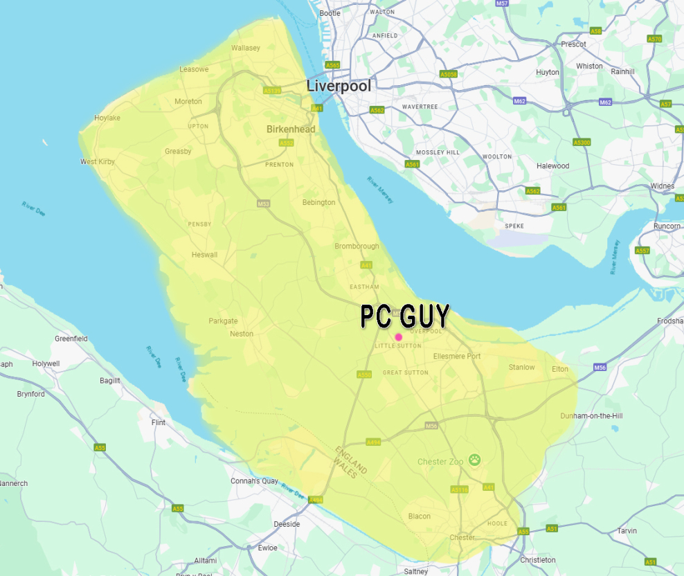 Shows the location of PC Guy on a map. Highlights the service area for home computer repairs.